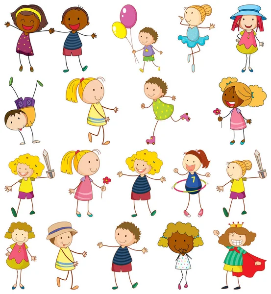 Conjunto Dibujos Animados Diferentes Doodle Niños Ilustración Personajes — Vector de stock