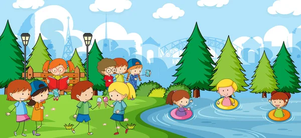 Scène Parc Avec Nombreux Enfants Gribouiller Illustration Personnage Dessin Animé — Image vectorielle