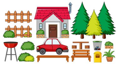 Beyaz arkaplan illüstrasyonunda açık ev ögesi kümesi