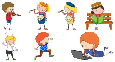 Farklı karalama çocukları çizgi film karakteri çizimleri