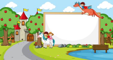 Orman sahnesindeki boş pankartta çizgi film karakteri ve illüstrasyon unsurları yer alıyor.