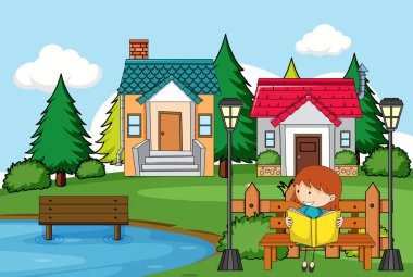 Bankta oturmuş kitap okuyan bir kızın olduğu ön ev sahnesi.