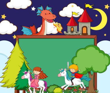 Gece gökyüzünde içi boş karatahta pankartı, peri masalı karakteri ve çizim elementleriyle