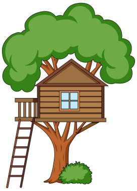 Ağaç ev çizgi film tarzına sahip ağaç beyaz arkaplan resimlerinde izole edilmiş