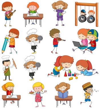 Farklı karalama çocukları çizgi film karakteri çizimleri