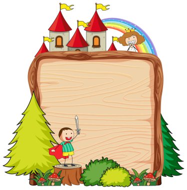 Fantezi çizgi film karakteri izole edilmiş boş ahşap afiş