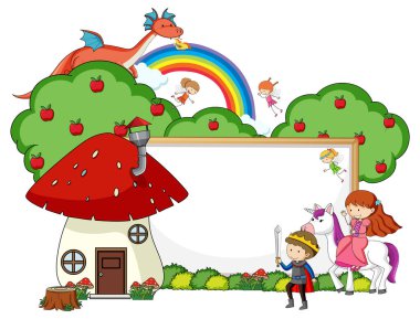 Çizgi film karakteri ve izole edilmiş elementlere sahip boş afiş