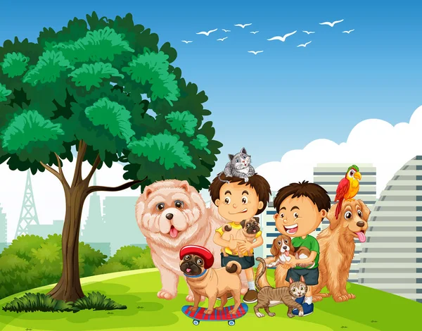 Grupo Animais Estimação Com Proprietário Cena Parque Ilustração —  Vetores de Stock