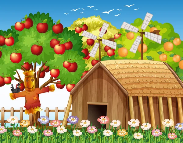 Çiftlik Evi Büyük Elma Ağacı Illüstrasyonlu Bir Çiftlik Sahnesi — Stok Vektör