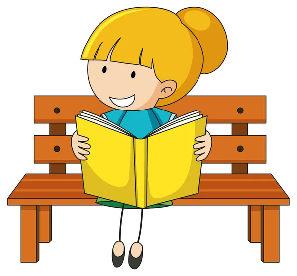 可爱的女孩在看书涂鸦卡通人物插图 — 图库矢量图片