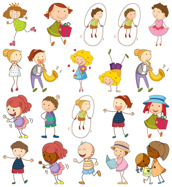 Conjunto Dibujos Animados Diferentes Doodle Niños Ilustración Personajes — Vector de stock