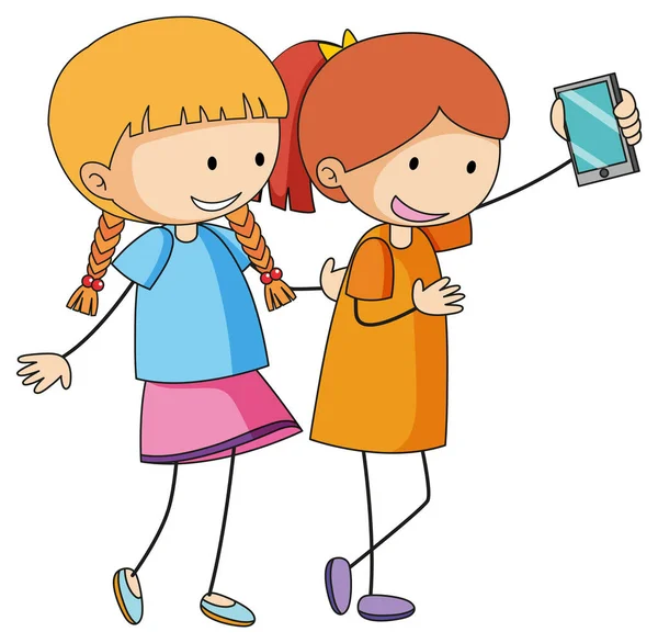 Deux Filles Personnage Bande Dessinée Prenant Selfie Main Dessiné Doodle — Image vectorielle