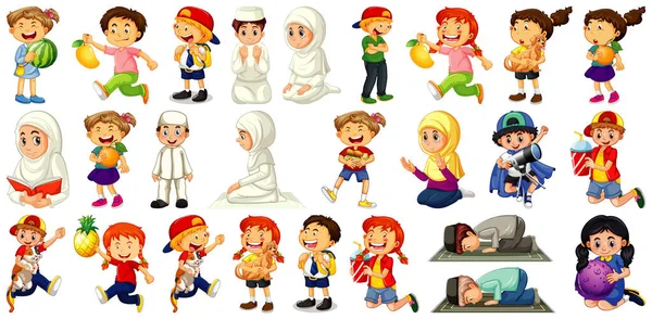 Kinderen Doen Verschillende Activiteiten Cartoon Karakter Ingesteld Witte Achtergrond Illustratie — Stockvector