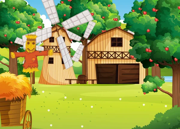 Farm Scene Farmhouse Windmill Illustration — Stock Vector