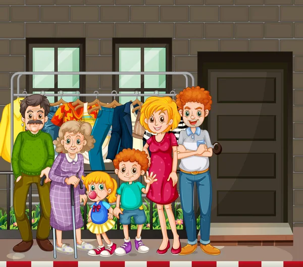 Outdoor Scene Met Gelukkige Familie Illustratie — Stockvector