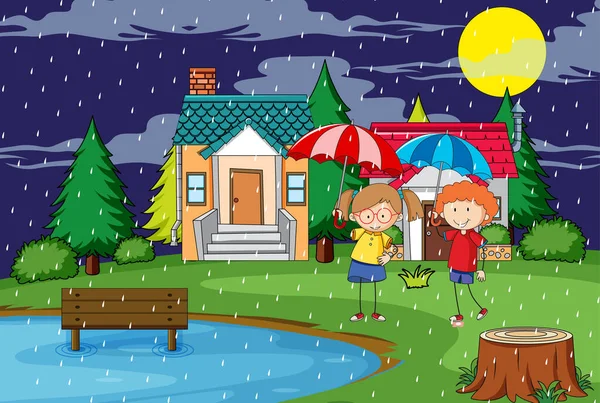 Kültéri Jelenet Éjszaka Két Gyerek Kezében Esernyő Illusztráció — Stock Vector