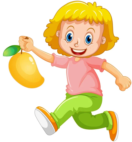 Gelukkig Meisje Cartoon Karakter Met Een Mango Illustratie — Stockvector