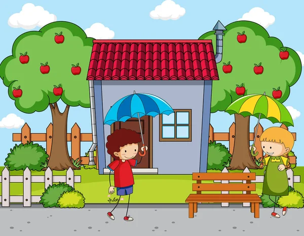 傘イラストを持っている2人の子供との家のシーンの前 — ストックベクタ