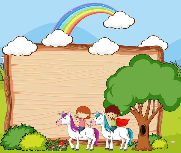 Banner Vacío Con Niños Jugando Con Unicornios Bosque Ilustración — Vector de stock