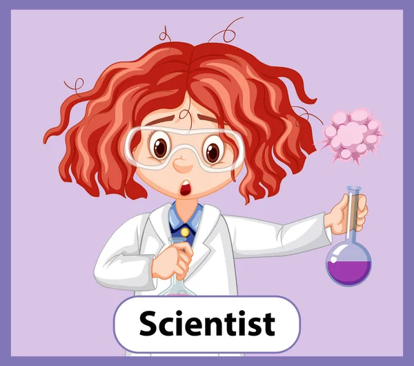 Carte Mot Anglais Éducatif Fille Scientifique Avec Illustration Cheveux Désordonnés — Image vectorielle
