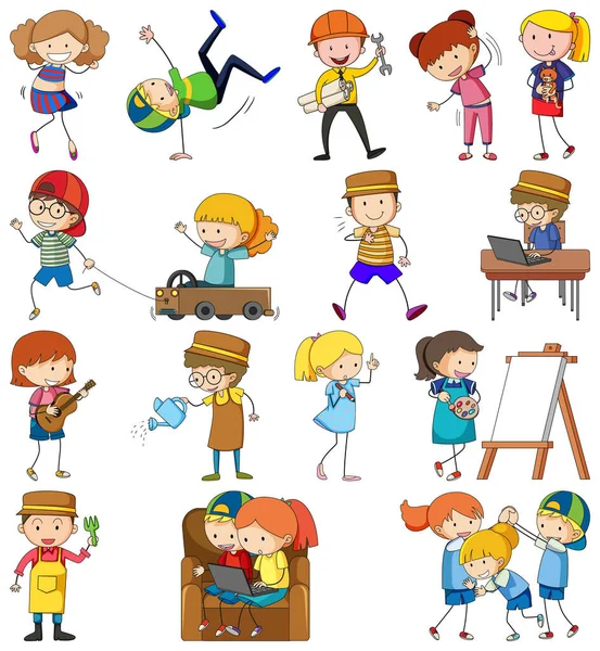 Conjunto Diferentes Dibujos Animados Doodle Niños Carácter Ilustración Aislada — Vector de stock