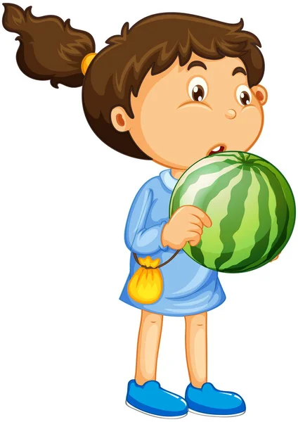Ένα Κορίτσι Που Κρατά Καρπούζι Φρούτων Χαρακτήρα Κινουμένων Σχεδίων Απομονώνονται — Διανυσματικό Αρχείο