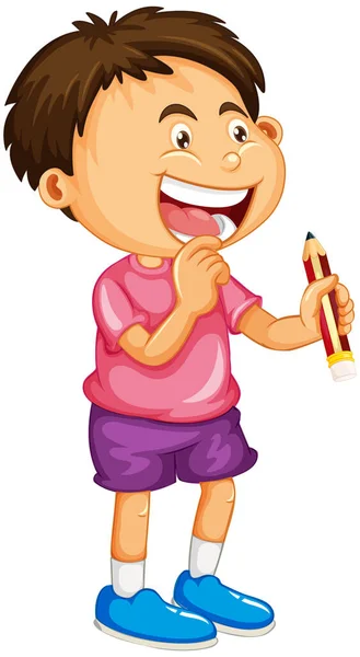 Personagem Desenho Animado Menino Feliz Segurando Uma Ilustração Lápis —  Vetores de Stock