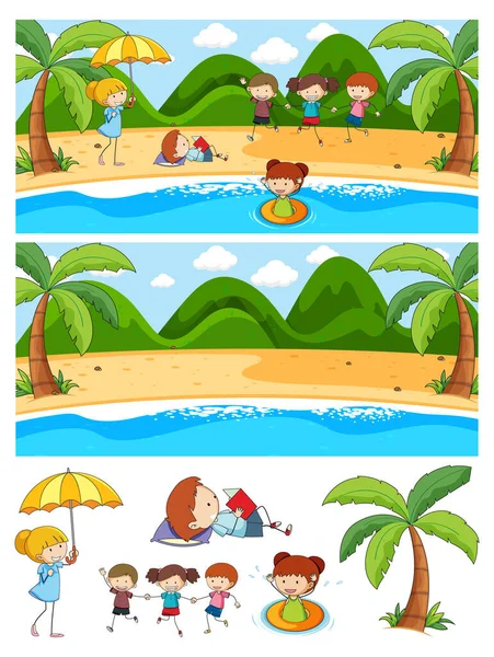 Set Diverse Scene Orizzontali Sfondo Con Bambini Scarabocchi Illustrazione Isolata — Vettoriale Stock