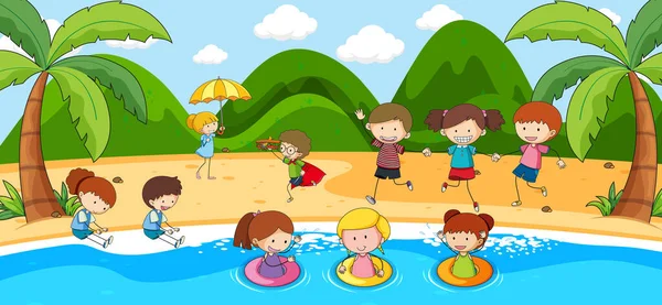 Outdoor Scene Many Kids Playing Beach Illustration — Stock Vector