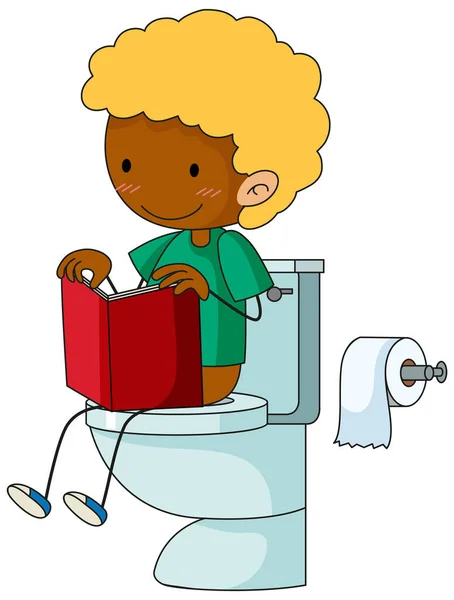 Boy Reading Book While Sit Toilet Illustration — Stock Vector