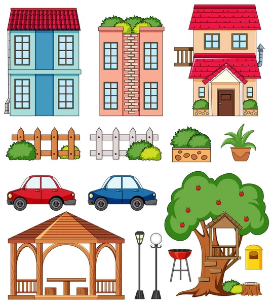 Una Casa Con Decoración Aire Libre Conjunto Ilustración Aislada — Vector de stock