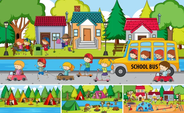 Outdoor Scene Set Many Kids Doodle Cartoon Character Illustration — Stock Vector