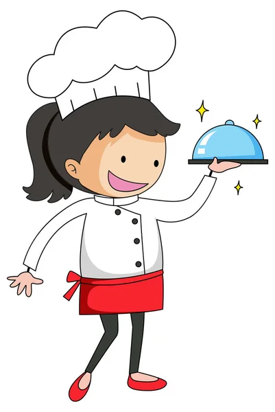 Little Chef Serving Food Cartoon Character Illustration — Stock Vector