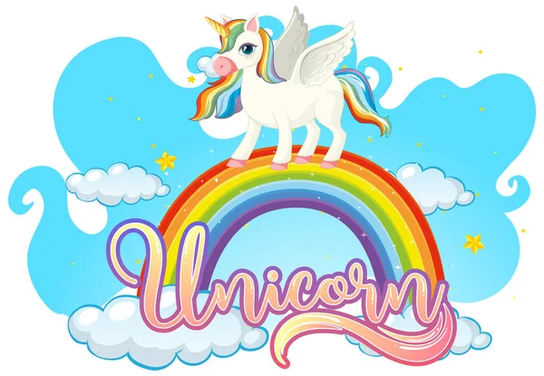 Cartoon Personaggio Unicorno Piedi Arcobaleno Con Unicorno Font Illustrazione — Vettoriale Stock