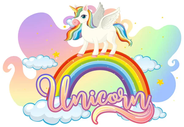 Zeichentrickfigur Des Einhorns Steht Auf Regenbogen Mit Einhorn Schrift Illustration — Stockvektor