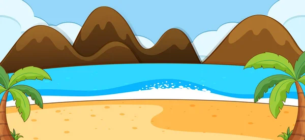 Scena Spiaggia Vuota Con Alberi Cocco Montagna Stile Semplice Illustrazione — Vettoriale Stock