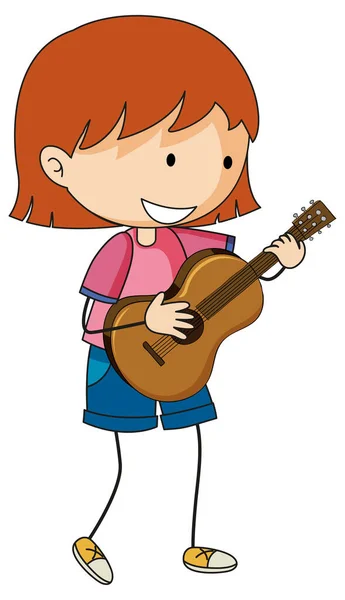 アコースティックギターのキャラクターの孤立したイラストを演奏する子供 — ストックベクタ