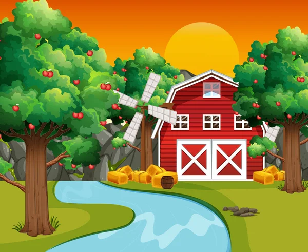 Farm Scene Red Barn Windmill Illustration — Stock Vector