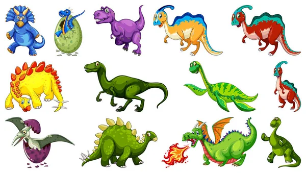 Verschiedene Dinosaurier Cartoon Figur Und Fantasy Drachen Isolierte Illustration — Stockvektor