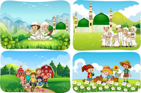 Zestaw Ludzi Muzułmanów Postać Kreskówek Różnych Ilustracji Sceny — Wektor stockowy