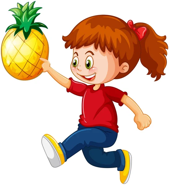 Happy Girl Postać Kreskówki Gospodarstwa Ananasa Ilustracji — Wektor stockowy