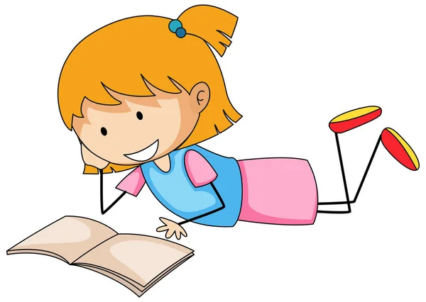 Schattig Meisje Lezen Boek Doodle Cartoon Karakter Illustratie — Stockvector