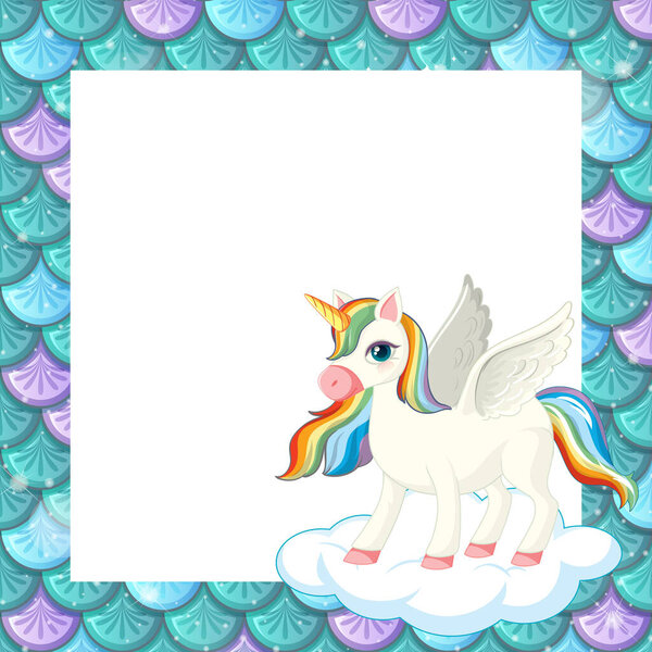 Blank green fish scales frame template with cute unicorn cartoon character illustration