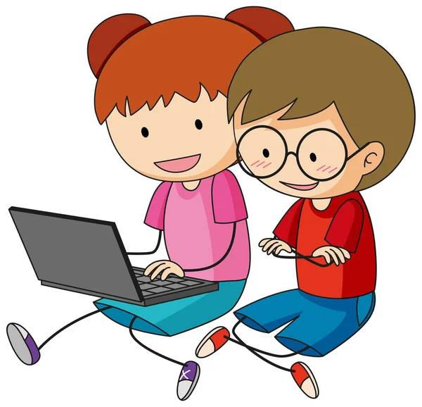 Een Doodle Kinderen Met Behulp Van Laptop Cartoon Karakter Geïsoleerde — Stockvector