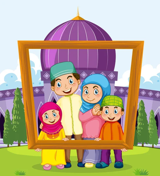 Szczęśliwa Rodzina Gospodarstwa Ramki Zdjęcie Meczetem Tle Ilustracji — Wektor stockowy