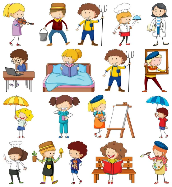 Conjunto Dibujos Animados Diferentes Doodle Niños Ilustración Personajes — Vector de stock