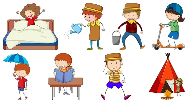 Conjunto Dibujos Animados Diferentes Doodle Niños Ilustración Personajes — Vector de stock