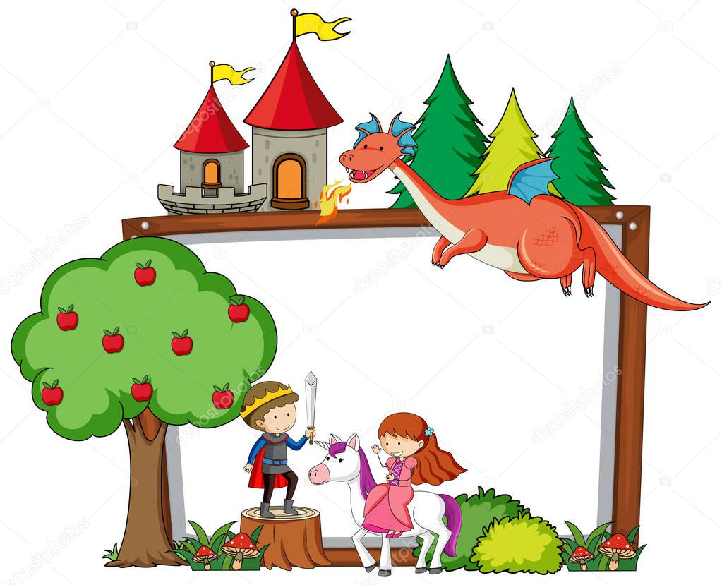 Empty banner with fairy tale cartoon character and elements isolated illustration