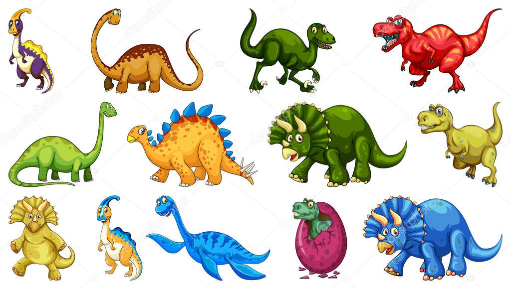 Different dinosaurs cartoon character and fantasy dragons isolated illustration