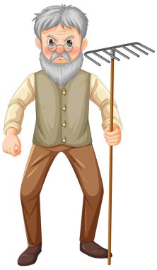 Yaşlı çiftçi adam çizgi film karakteri tırmık bahçesi çizimi tutuyor.